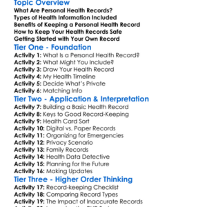 Personal Health Records Worksheet Activity Booklet