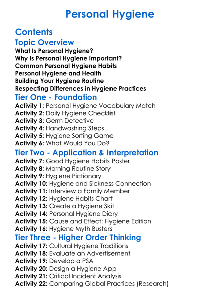 Personal Hygiene Worksheet Activity Booklet