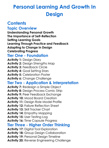Personal Learning And Growth In Design Worksheet Activity Booklet