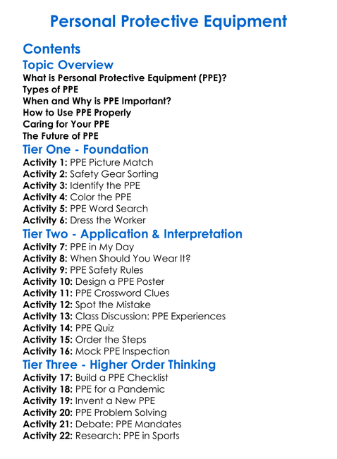 Personal Protective Equipment Worksheet Activity Booklet