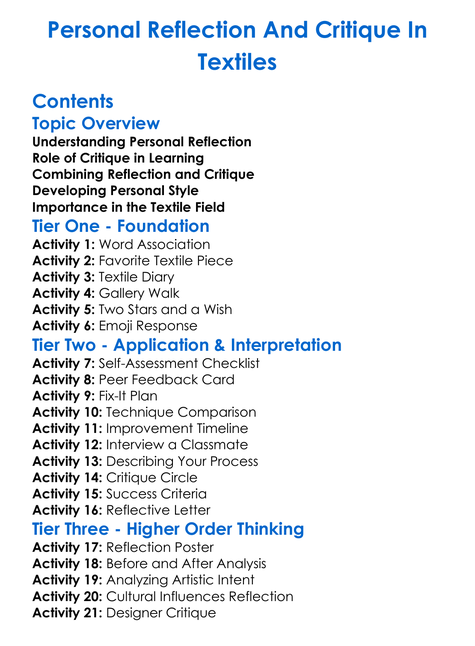 Personal Reflection And Critique In Textiles Worksheet Activity Booklet