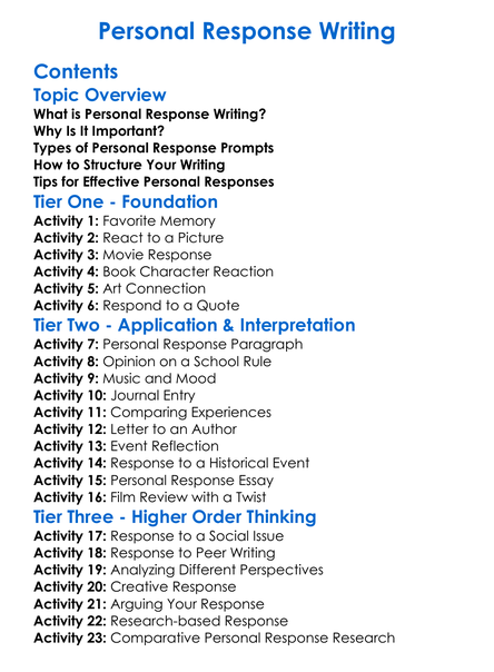 Personal Response Writing Worksheet Activity Booklet