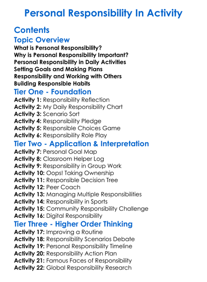 Personal Responsibility In Activity Worksheet Activity Booklet
