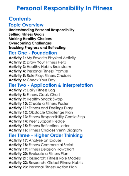 Personal Responsibility In Fitness Worksheet Activity Booklet