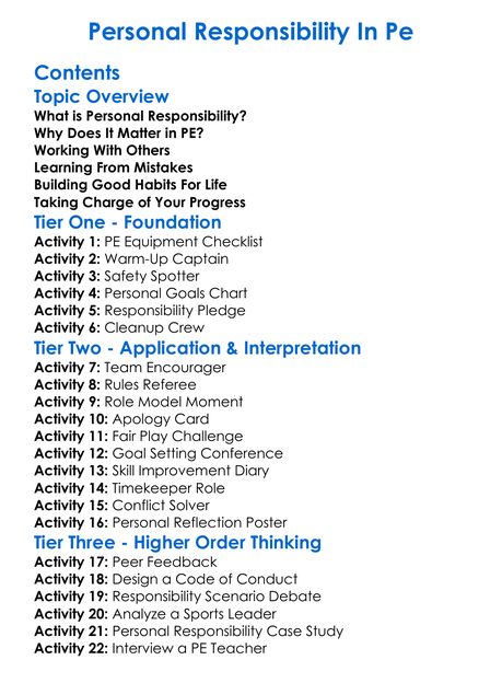 Personal Responsibility In Pe Worksheet Activity Booklet