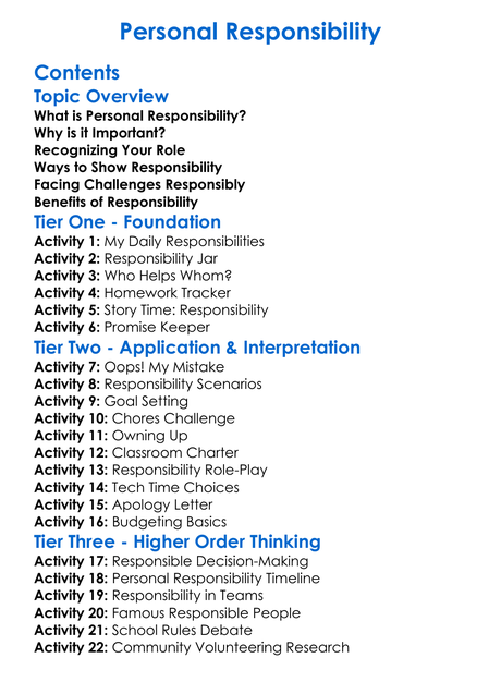 Personal Responsibility Worksheet Activity Booklet
