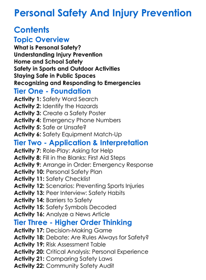 Personal Safety And Injury Prevention Worksheet Activity Booklet