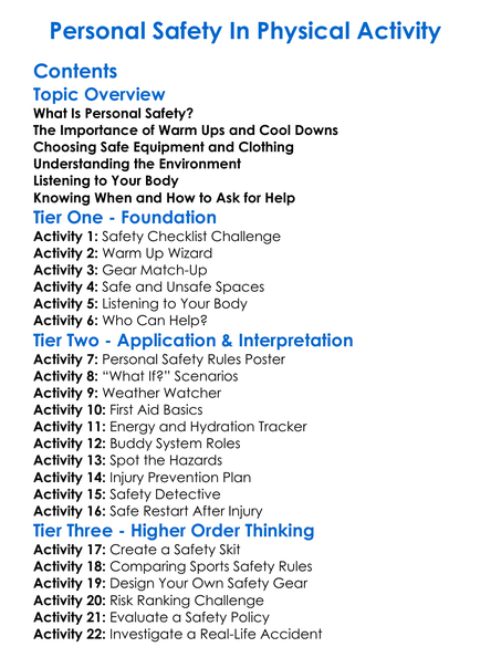 Personal Safety In Physical Activity Worksheet Activity Booklet