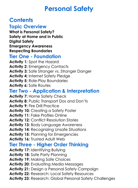 Personal Safety Worksheet Activity Booklet