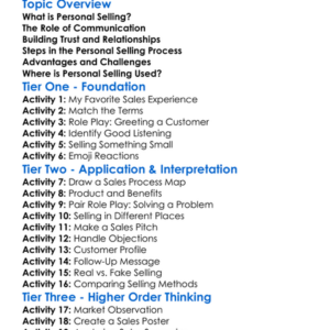 Personal Selling Worksheet Activity Booklet