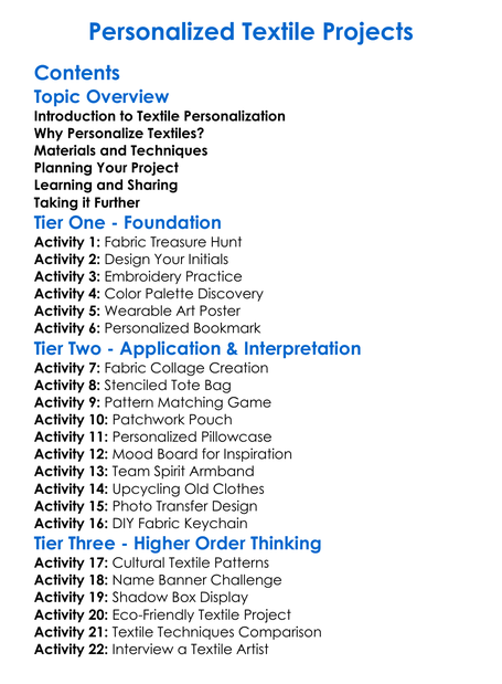 Personalized Textile Projects Worksheet Activity Booklet