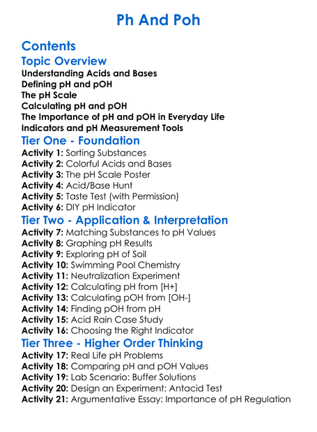 Ph And Poh Worksheet Activity Booklet