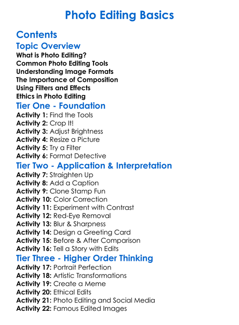 Photo Editing Basics Worksheet Activity Booklet