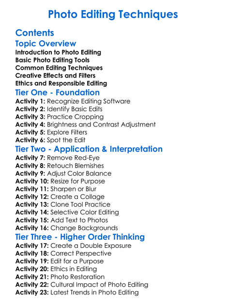 Photo Editing Techniques Worksheet Activity Booklet