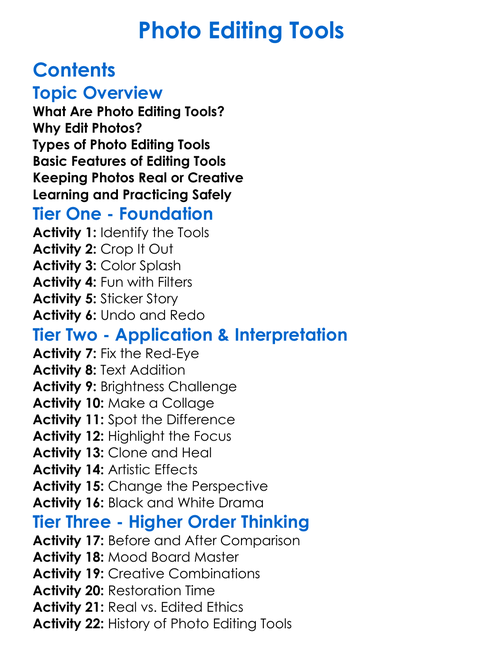 Photo Editing Tools Worksheet Activity Booklet