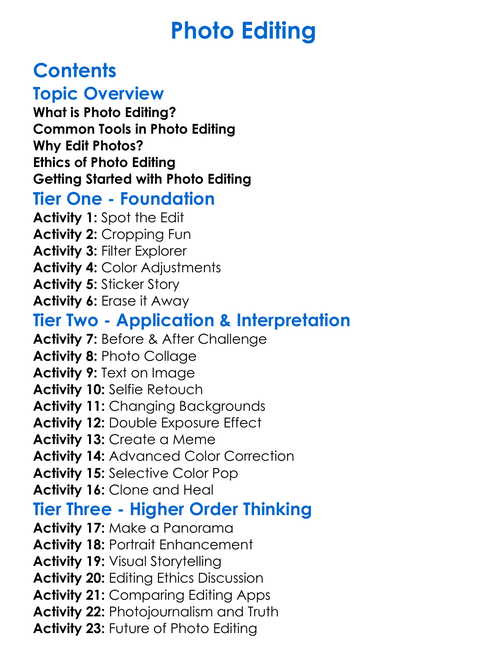 Photo Editing Worksheet Activity Booklet