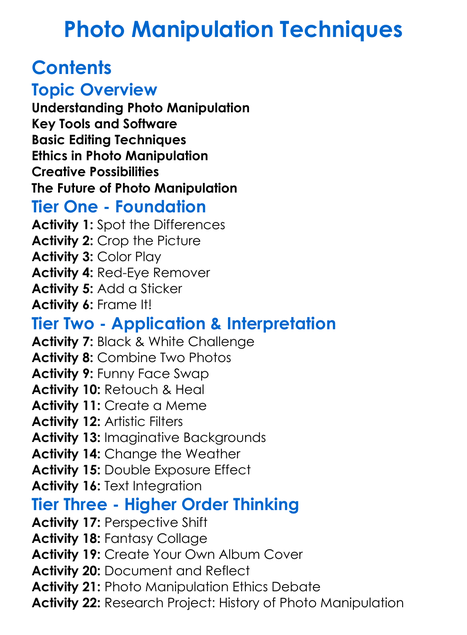 Photo Manipulation Techniques Worksheet Activity Booklet