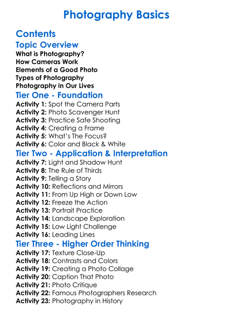 Photography Basics Worksheet Activity Booklet