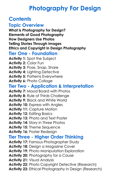 Photography For Design Worksheet Activity Booklet
