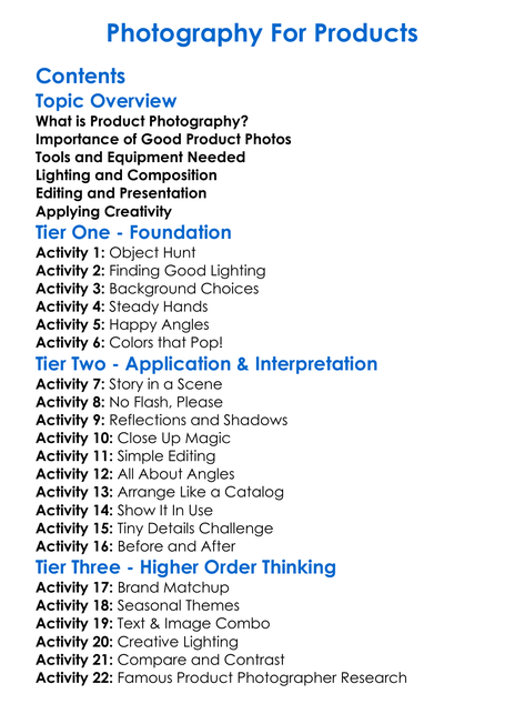 Photography For Products Worksheet Activity Booklet