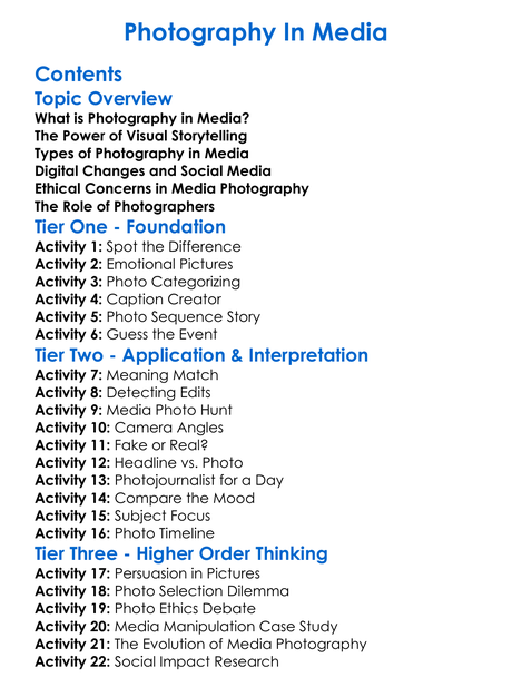 Photography In Media Worksheet Activity Booklet