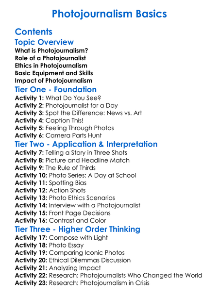 Photojournalism Basics Worksheet Activity Booklet