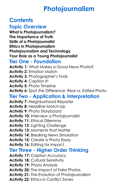 Photojournalism Worksheet Activity Booklet