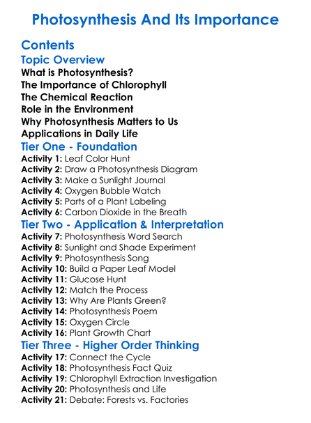 Photosynthesis And Its Importance Worksheet Activity Booklet