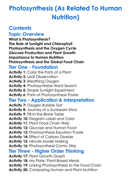 Photosynthesis As Related To Human Nutrition Worksheet Activity Booklet