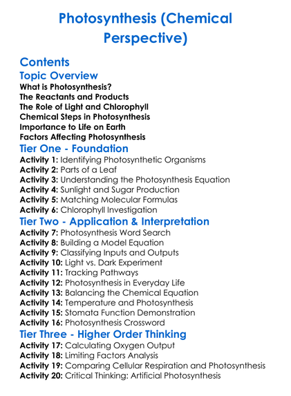 Photosynthesis Chemical Perspective Worksheet Activity Booklet