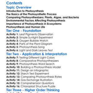 Photosynthesis Comparative Biology Worksheet Activity Booklet
