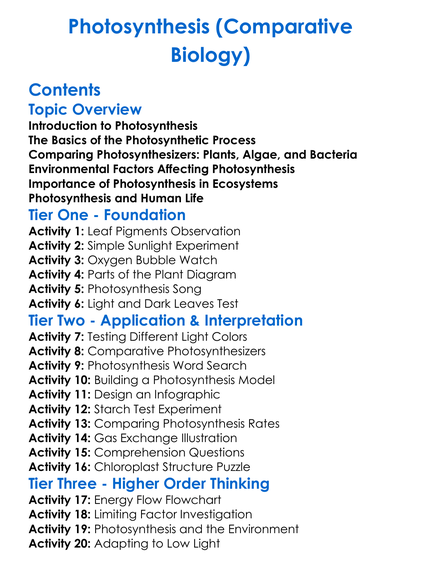 Photosynthesis Comparative Biology Worksheet Activity Booklet
