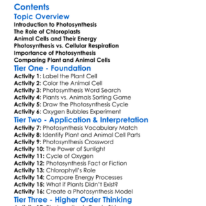 Photosynthesis Comparison With Animal Cells Worksheet Activity Booklet