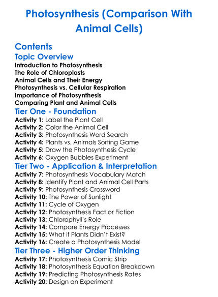 Photosynthesis Comparison With Animal Cells Worksheet Activity Booklet