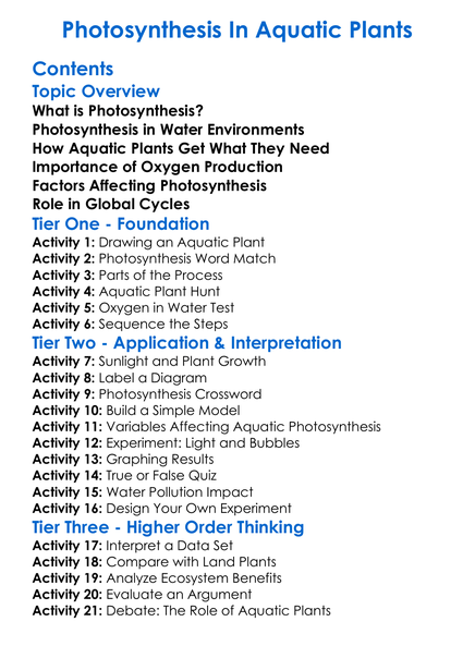 Photosynthesis In Aquatic Plants Worksheet Activity Booklet