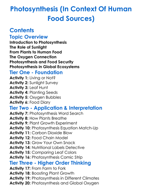 Photosynthesis In Context Of Human Food Sources Worksheet Activity Booklet