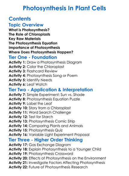 Photosynthesis In Plant Cells Worksheet Activity Booklet