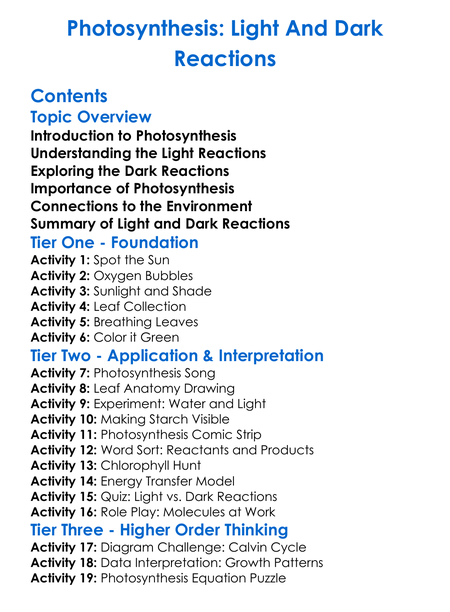Photosynthesis Light And Dark Reactions Worksheet Activity Booklet
