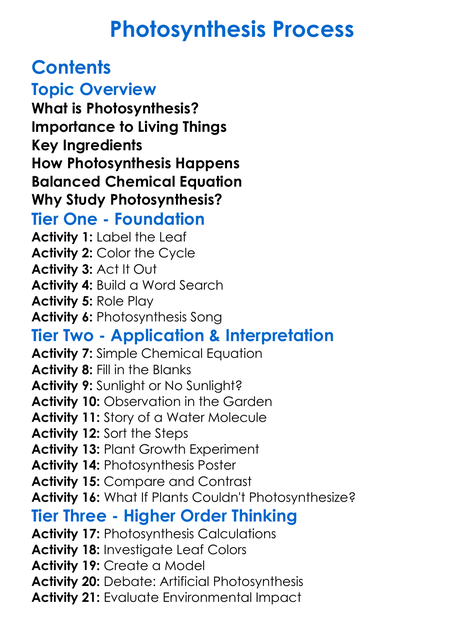 Photosynthesis Process Worksheet Activity Booklet