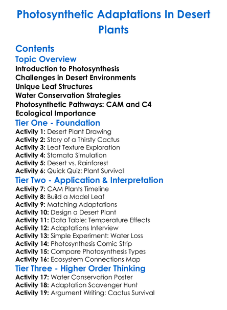 Photosynthetic Adaptations In Desert Plants Worksheet Activity Booklet