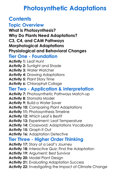Photosynthetic Adaptations Worksheet Activity Booklet
