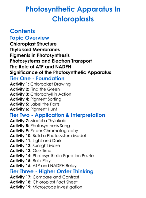 Photosynthetic Apparatus In Chloroplasts Worksheet Activity Booklet