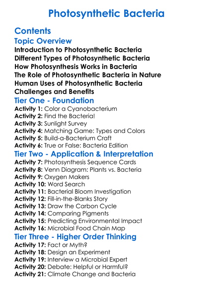 Photosynthetic Bacteria Worksheet Activity Booklet