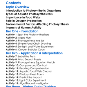 Photosynthetic Organisms In Aquatic Environments Worksheet Activity Booklet