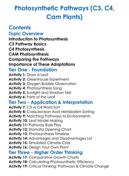 Photosynthetic Pathways C3 C4 Cam Plants Worksheet Activity Booklet