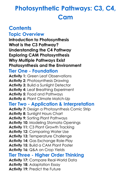 Photosynthetic Pathways C3 C4 Cam Worksheet Activity Booklet