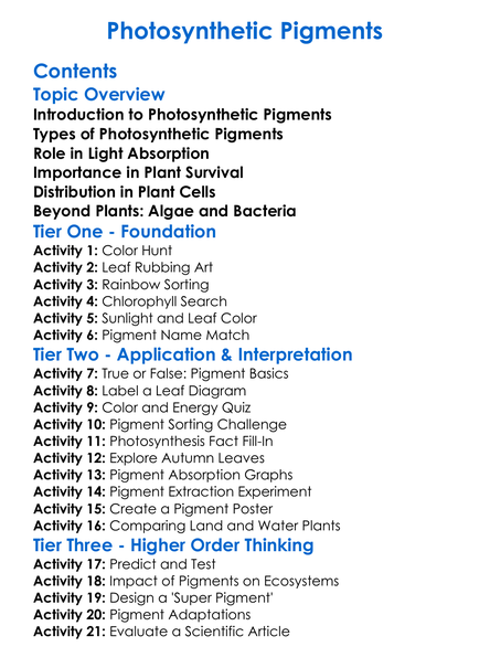 Photosynthetic Pigments Worksheet Activity Booklet
