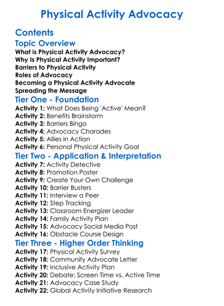 Physical Activity Advocacy Worksheet Activity Booklet