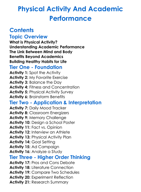 Physical Activity And Academic Performance Worksheet Activity Booklet