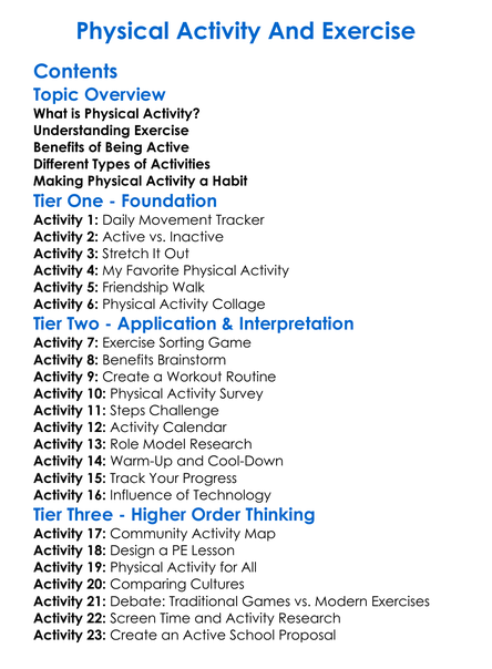 Physical Activity And Exercise Worksheet Activity Booklet